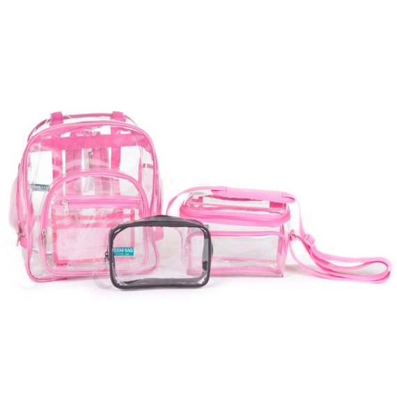 Durable Clear Book bag for school girls. Unique eye catching pink. Comfortable straps and many pockets.