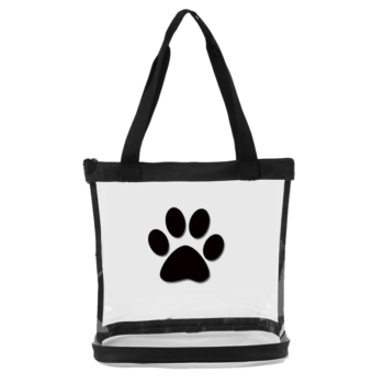 Transparent bag with black trim stylish universal paw print for work or school. Pockets, zipper top.
