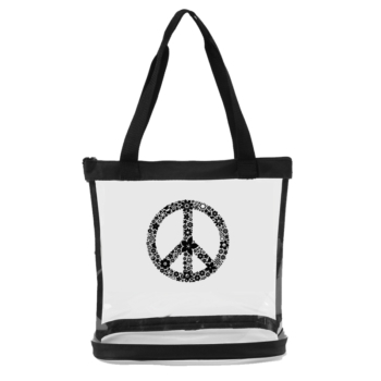 Awesome unique clear totes for work with peace symbol. Zipper top, interior pockets cool and original