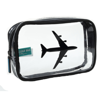 Wholesale clear cosmetic bags. Heavy duty with stylish zipper and airplane print for carry on travel