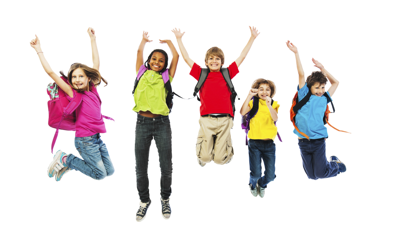 School children with backpacks jumping. - The Clear Bag Store