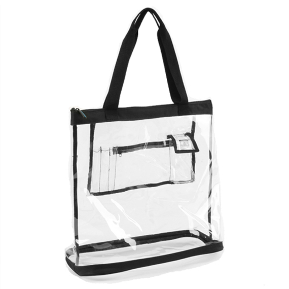 Large clear tote bag with zipper top. Interior pockets. Can be carried by hand or shoulder.