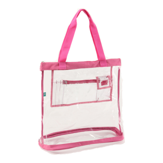 Large clear beach bag. Sturder shoulder strap interior pockets and zipper top. Durable and stylish.