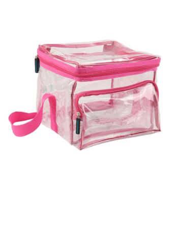 Pink Clear Lunch Totes in Unique head turning Pink with adjustable strap, front pocket durable stylish zippers