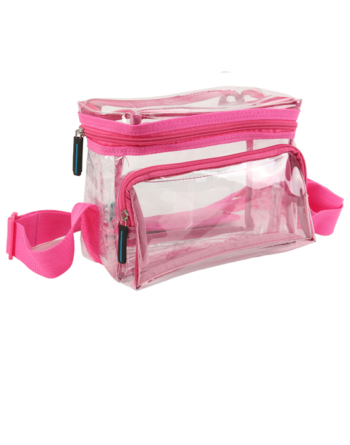Small Clear Lunch Bag with Pink Trim. Durable stylish zippers on unique pink transparent work totes