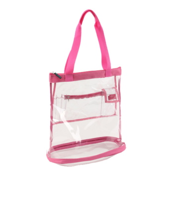 Unique small pink clear plastic bag tote for work or school. Interior pockets and zipper top.