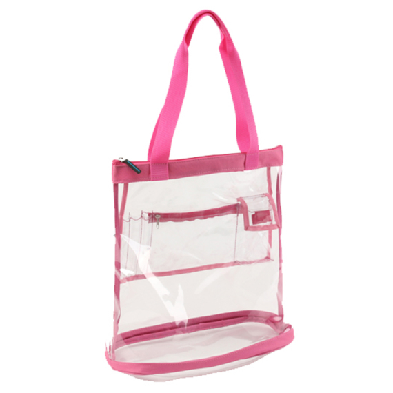 Transparent handbags with zipper top. Interior pockets. Unique in pink. Durable pvc. School, work or NFL.